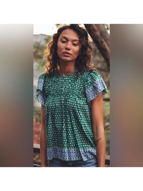 Trovata Birds of Paradise Print Claudia Blouse SZ M Emerald Green Heirloom
